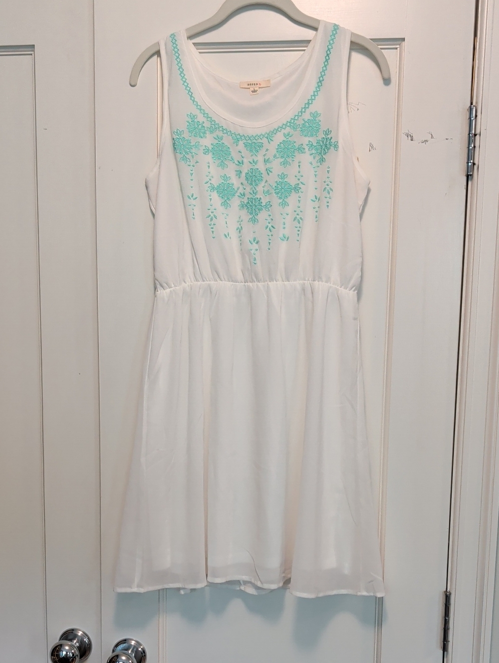 Superb White Sleeveless Dress with Mint Embroidered Yoke - Size L